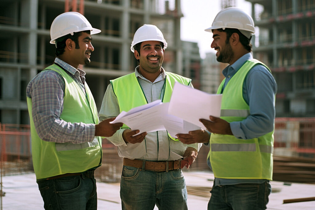 diverse team engineers construction workers collaborating project plans industrial site