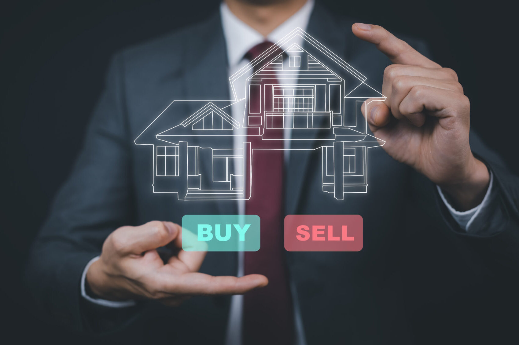 engineering architecture drawings mini home model concept businessman touch draw house black background work from home real estate offer home business buy sale concept